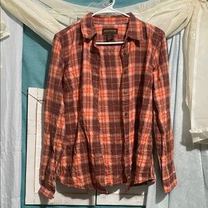 Lincoln Women's Casual Plaid Button Down Shirt - Orange and Brown